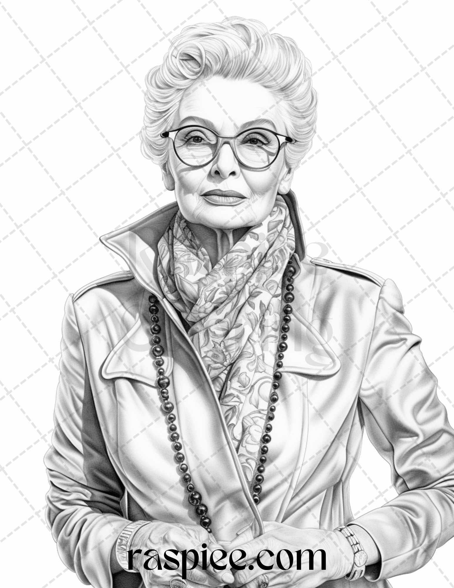 40 Fashionista Grandma Grayscale Coloring Pages Printable for Adults, PDF File Instant Download