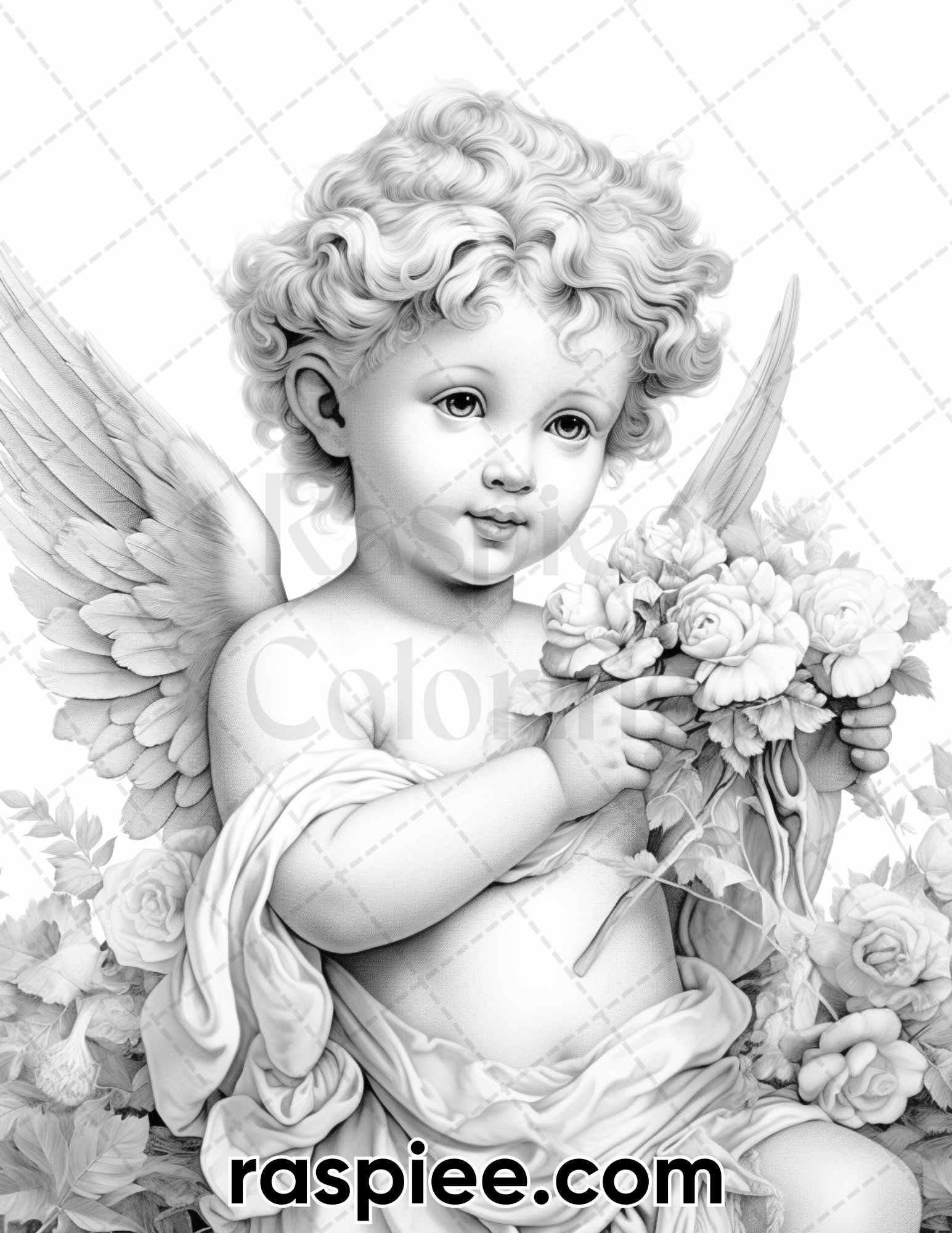 40 Valentine's Day Cupid Grayscale Adult Coloring Pages, Printable PDF Instant Download