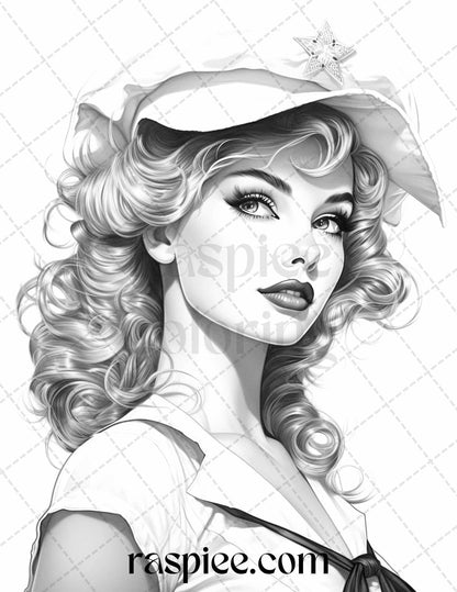 40 Sailor Pin Up Girls Grayscale Coloring Pages Printable for Adults, PDF File Instant Download