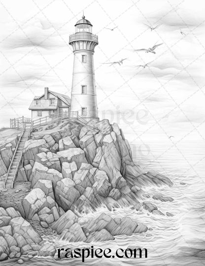 40 Majestic Lighthouses Grayscale Coloring Pages Printable for Adults, PDF File Instant Download