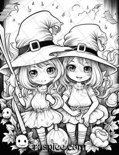 40 Halloween Creepy Kawaii Grayscale Coloring Pages for Adults and Kids, Printable PDF File Instant Download