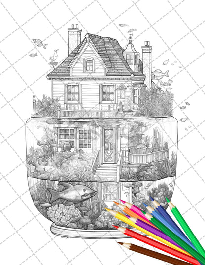 34 Fishtank Houses Coloring Book for Adults, Grayscale Coloring Page, Printable PDF Instant Download