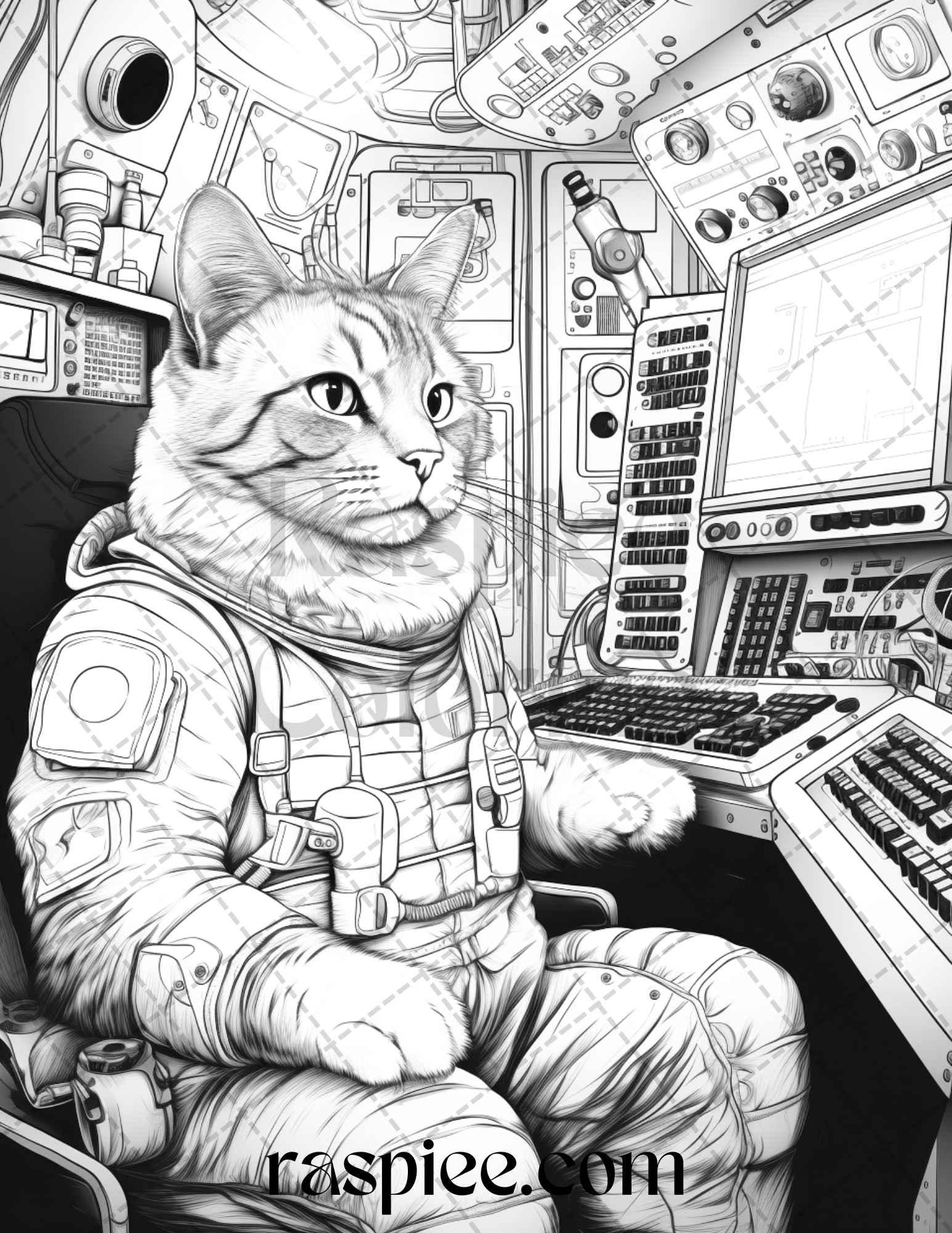 40 Cat Astronaut Grayscale Coloring Pages Printable for Adults Kids, PDF File Instant Download