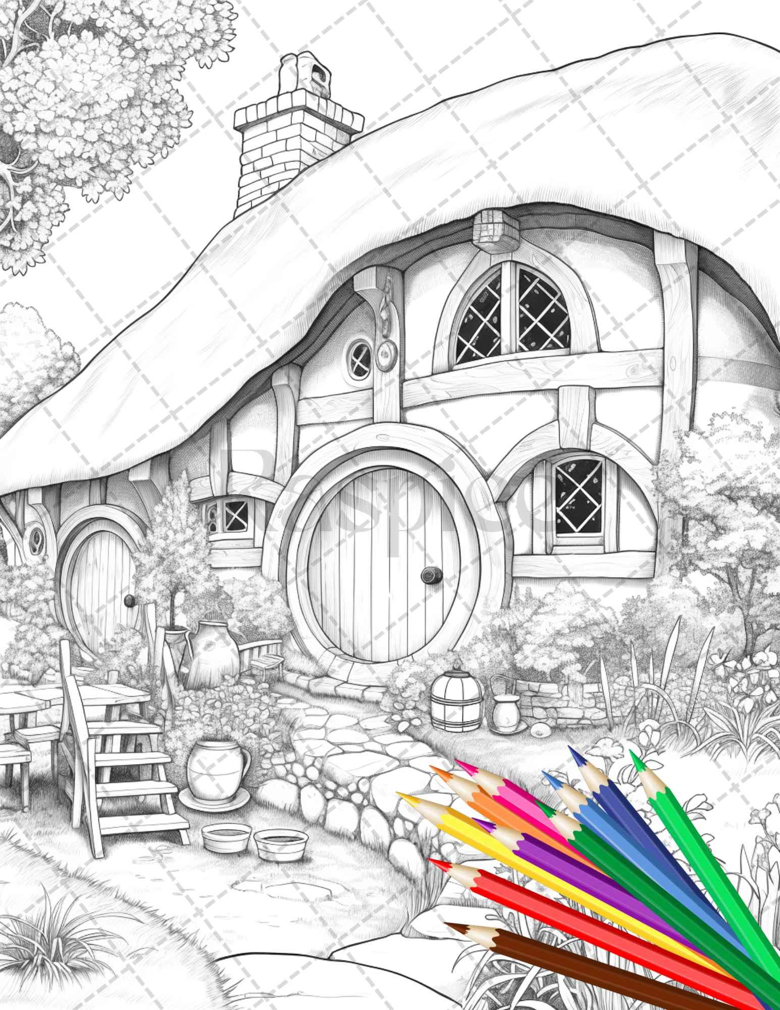 43 Enchanted Hobbiton Houses Grayscale Coloring Pages Printable for Adults, PDF File Instant Download