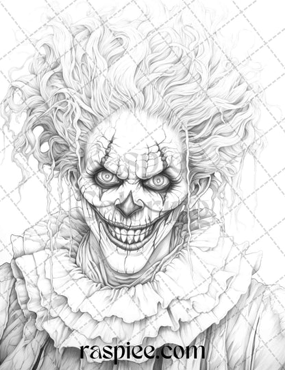 40 Spooky Clowns Grayscale Coloring Pages Printable for Adults, PDF File Instant Download