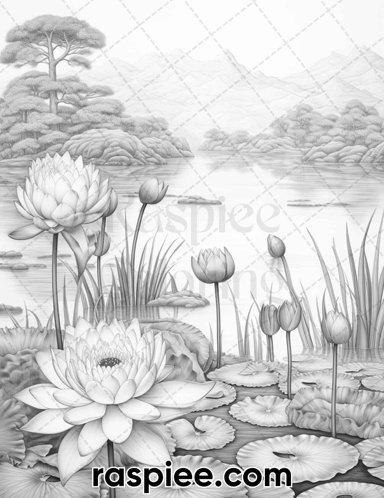 40 Lotus Pond Serenity Grayscale Adult Coloring Pages, Printable PDF Instant Download