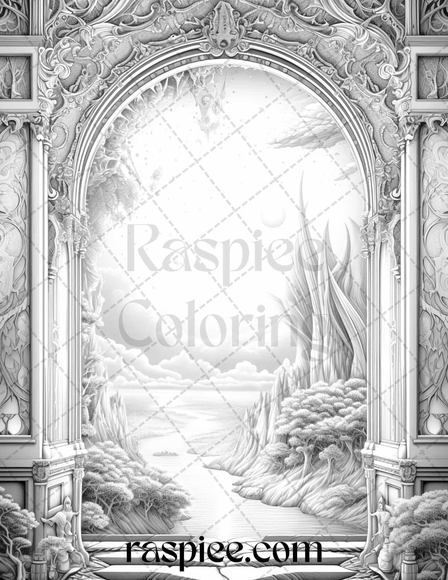 40 Window to Fantasy Worlds Grayscale Coloring Pages Printable for Adults, PDF File Instant Download