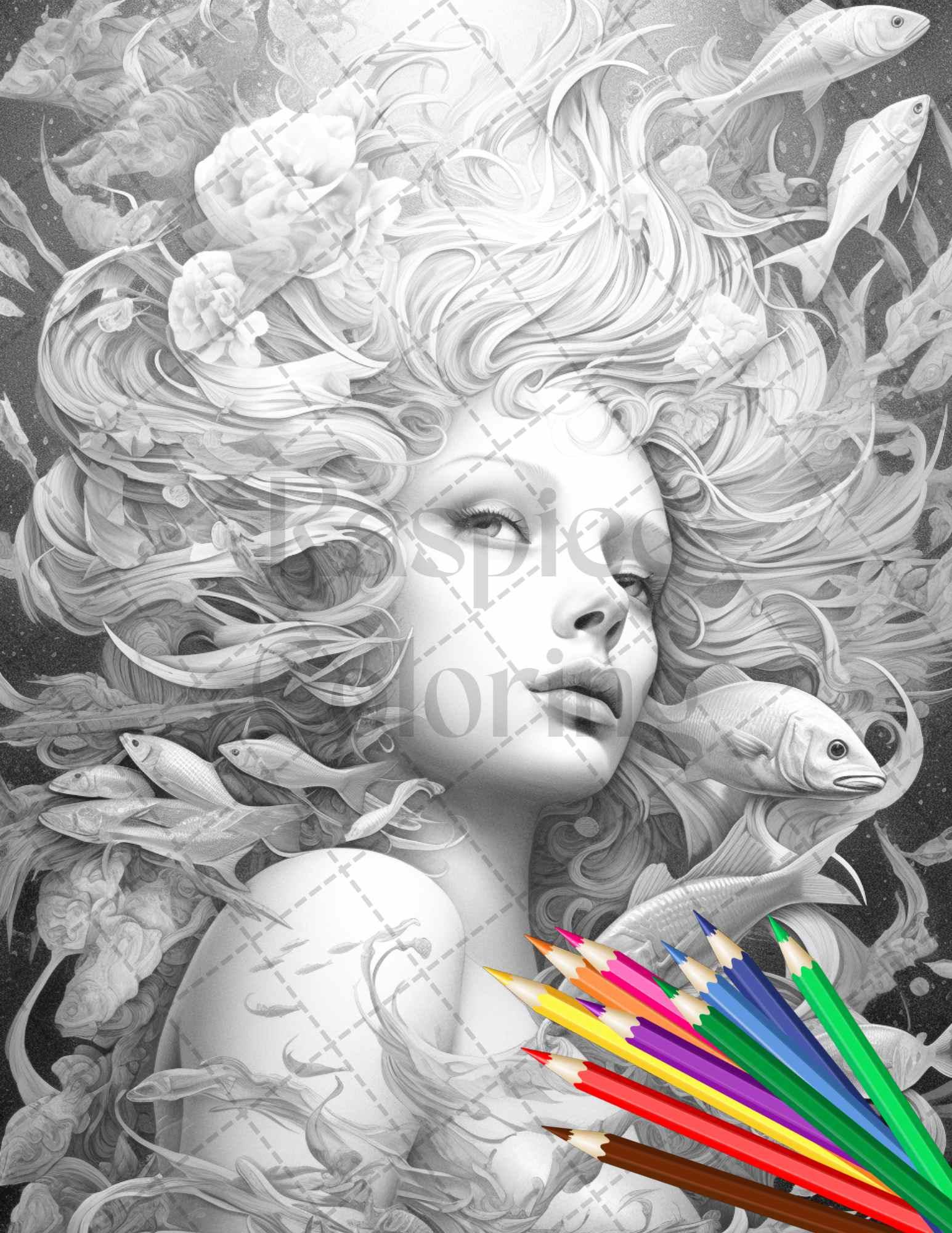 40 Enchanted Mermaid Grayscale Coloring Pages Printable for Adults, PDF File Instant Download