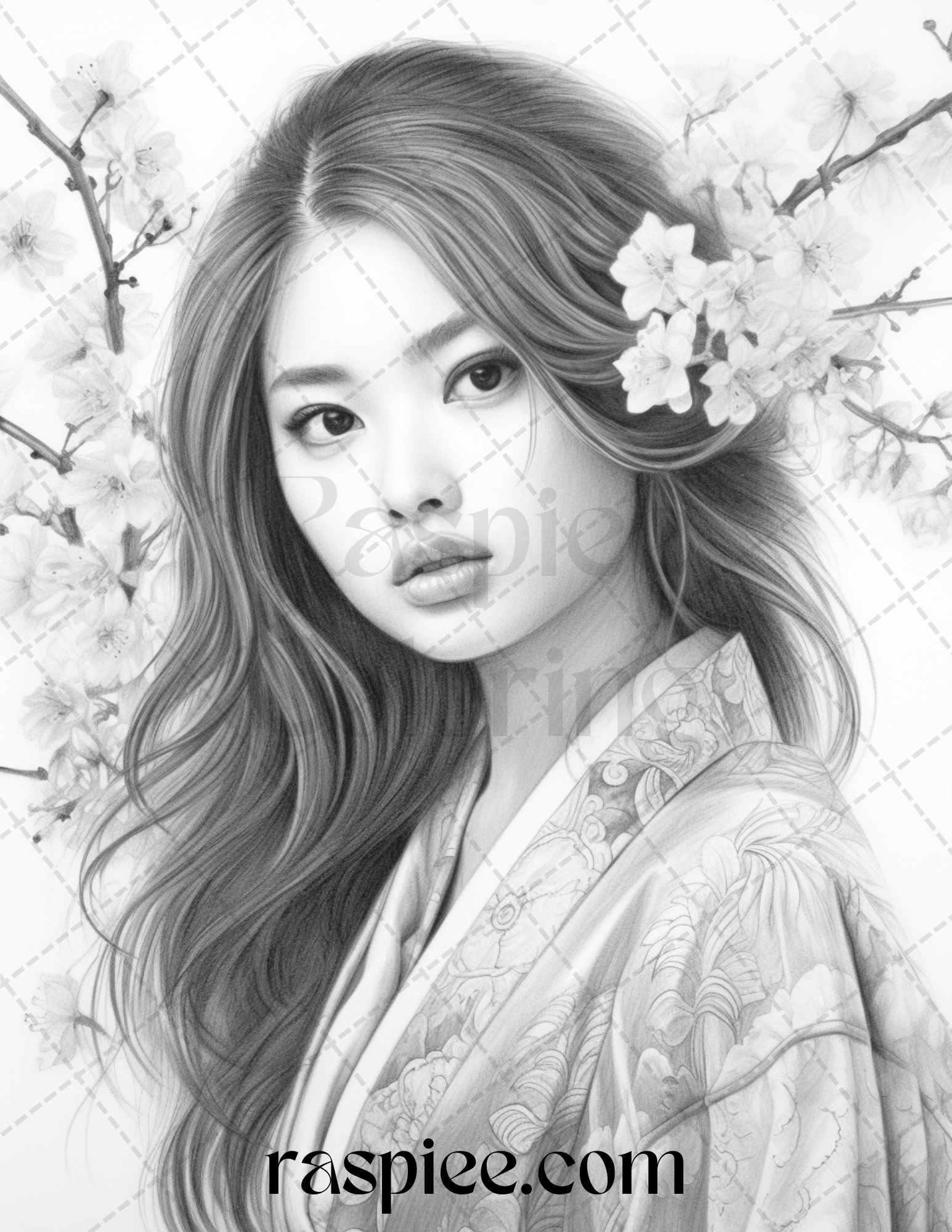 40 Beautiful Japanese Girls Grayscale Coloring Pages Printable for Adults, PDF File Instant Download