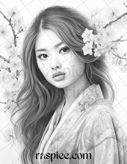 40 Beautiful Japanese Girls Grayscale Coloring Pages Printable for Adults, PDF File Instant Download