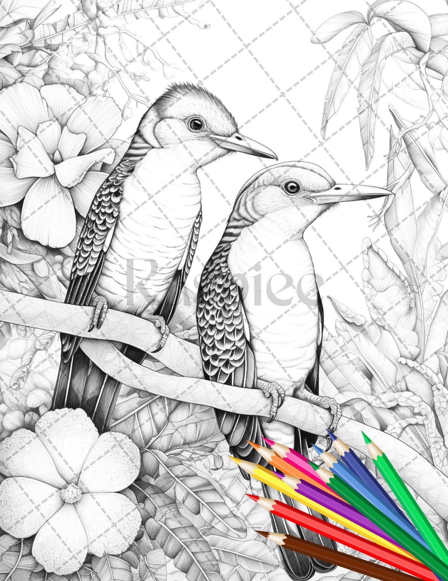 31 Tropical Birds Coloring Book for Adults, Grayscale Coloring Page, Printable PDF Instant Download