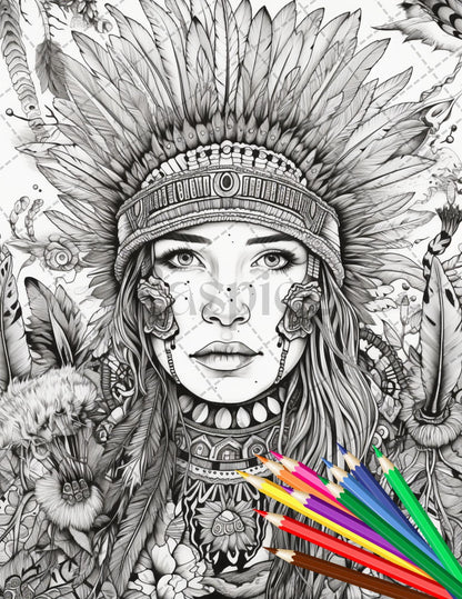 30 Native American Girls Printable Coloring Pages for Adult, Native American Culture Grayscale Coloring Book, Printable PDF File Download