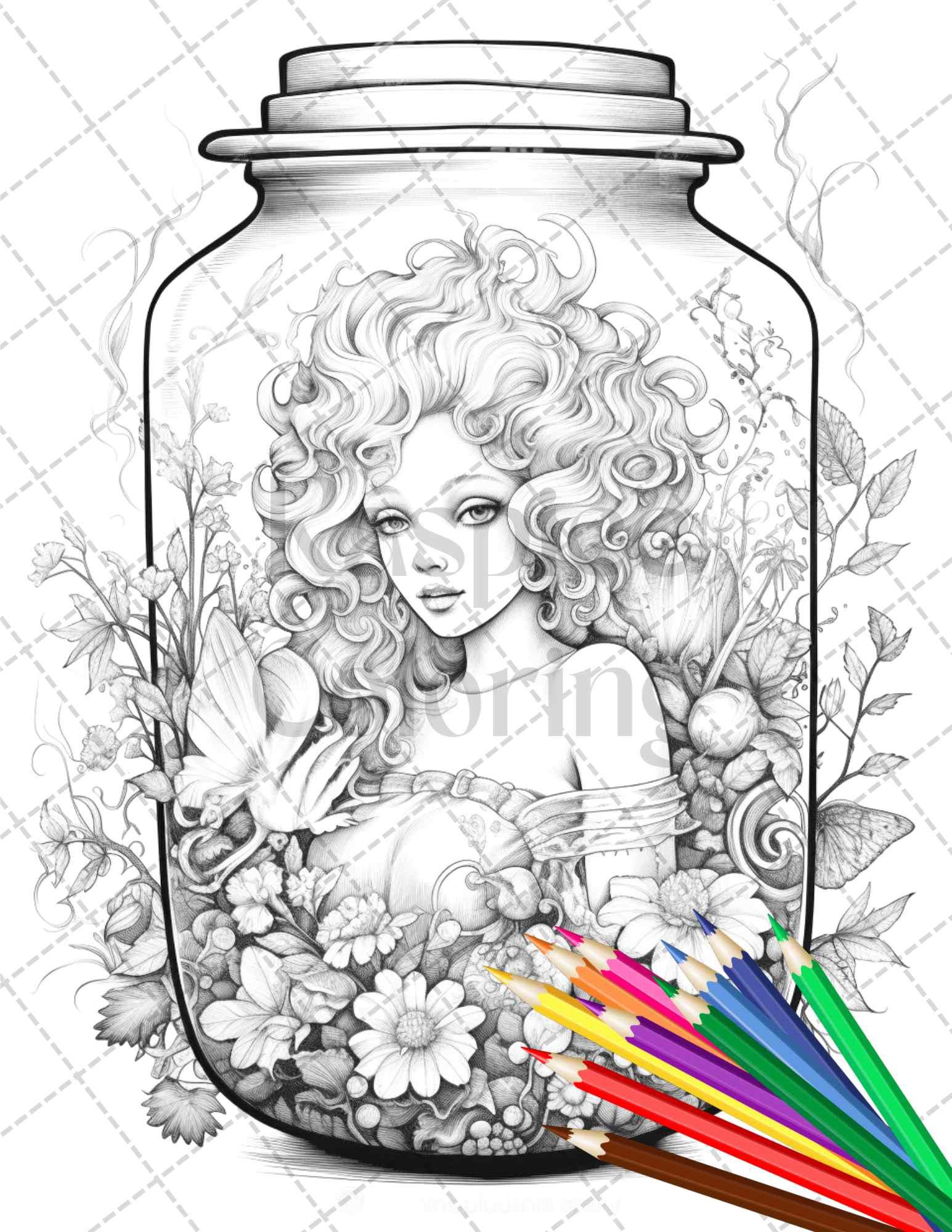 40 Beautiful Fairies in Jar Grayscale Coloring Pages Printable for Adults, PDF File Instant Download