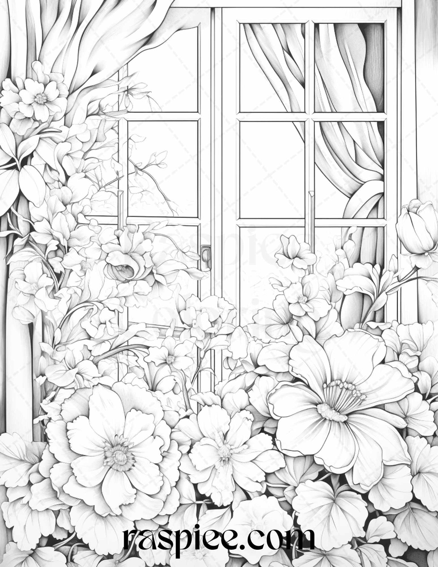 50 Blooming Windows Grayscale Coloring Pages Printable for Adults, PDF File Instant Download