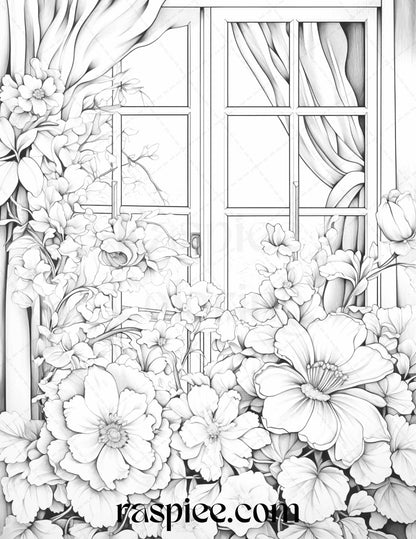 50 Blooming Windows Grayscale Coloring Pages Printable for Adults, PDF File Instant Download