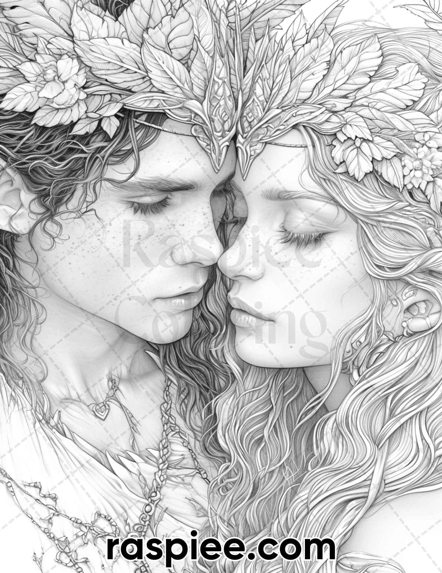 50 Romantic Elf Couple Portraits Adult Coloring Pages, Grayscale Illustration, Printable PDF Instant Download