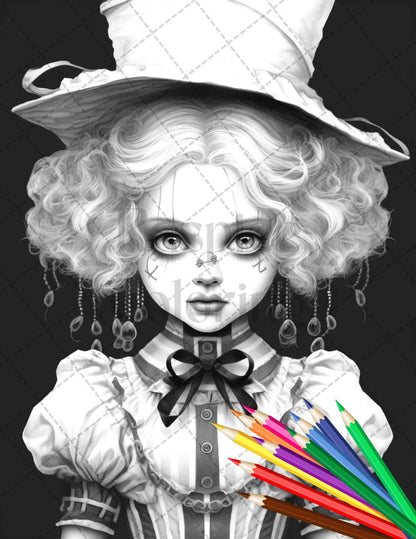 40 Creepy Porcelain Dolls Grayscale Coloring Pages for Adults, PDF File Instant Download