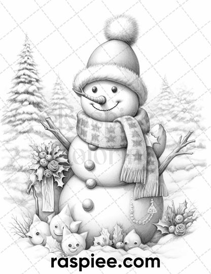 40 Chistmas Snowman Grayscale Coloring Pages for Adults, Printable PDF Instant Download