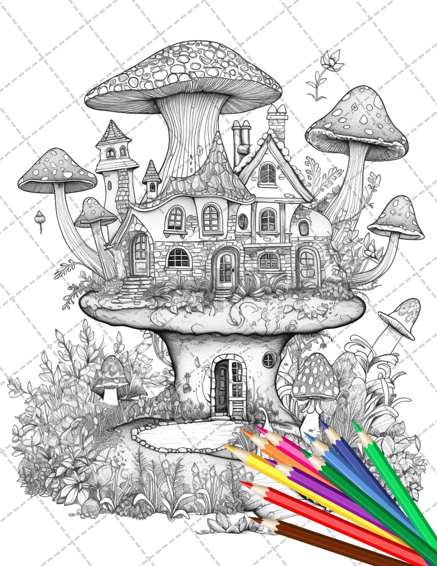 32 Whimsical Mushroom House Coloring Pages for Adults, Grayscale Coloring Book, Printable PDF File Download