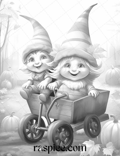 40 Fall Gnomes Grayscale Coloring Pages Printable for Adults Kids, PDF File Instant Download