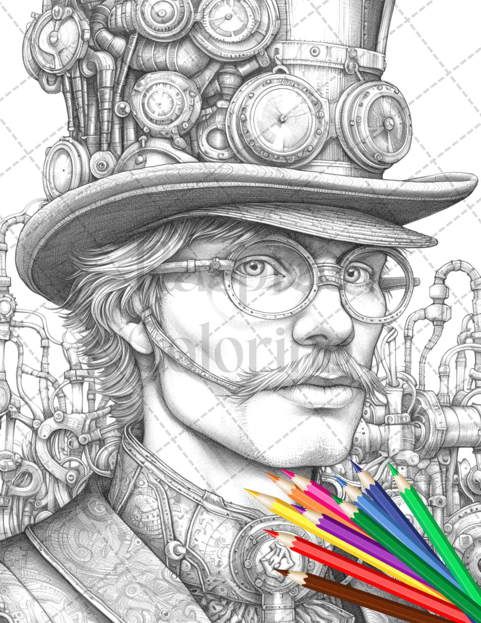 42 Steampunk Mens Grayscale Coloring Pages Printable for Adults, PDF File Instant Download