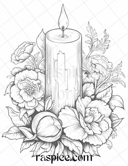 40 Flower Candles Grayscale Coloring Pages Printable for Adults, PDF File Instant Download