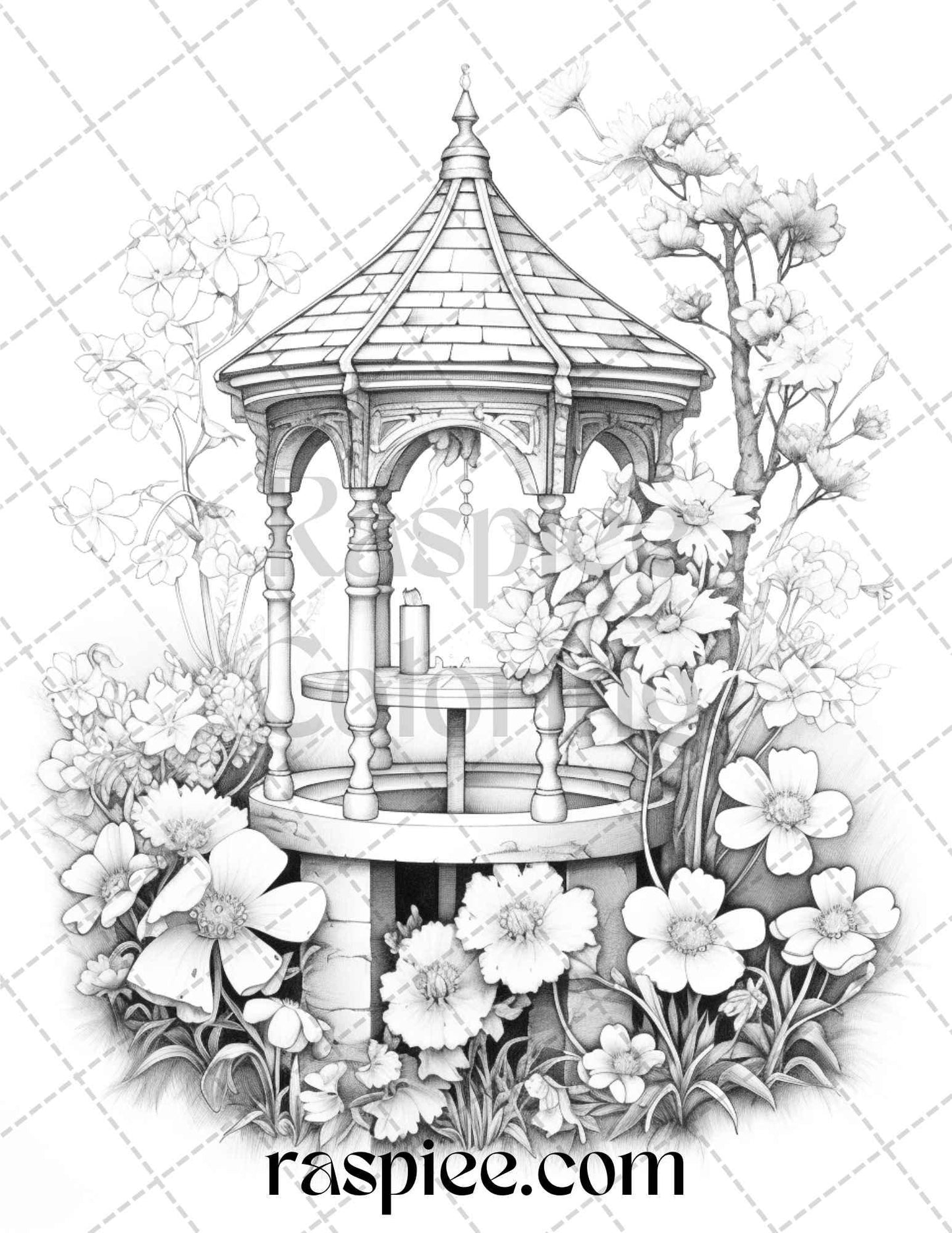 40 Whimsical Wishing Wells Grayscale Coloring Pages Printable for Adults, PDF File Instant Download