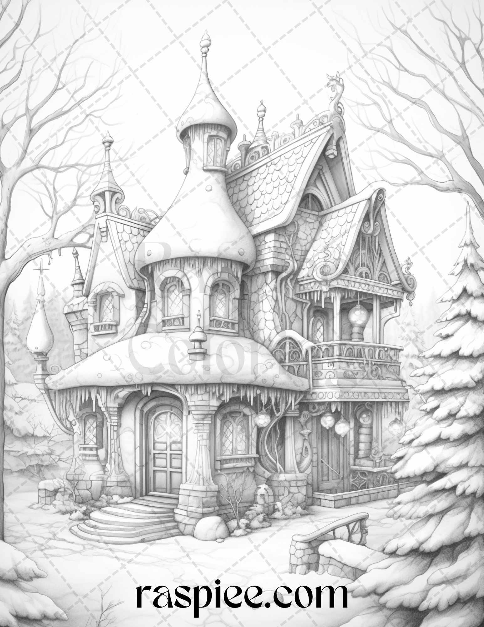 42 Fantasy Christmas Houses Grayscale Coloring Pages Printable for Adults, PDF File Instant Download