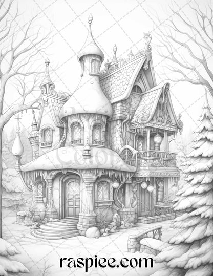 42 Fantasy Christmas Houses Grayscale Coloring Pages Printable for Adults, PDF File Instant Download