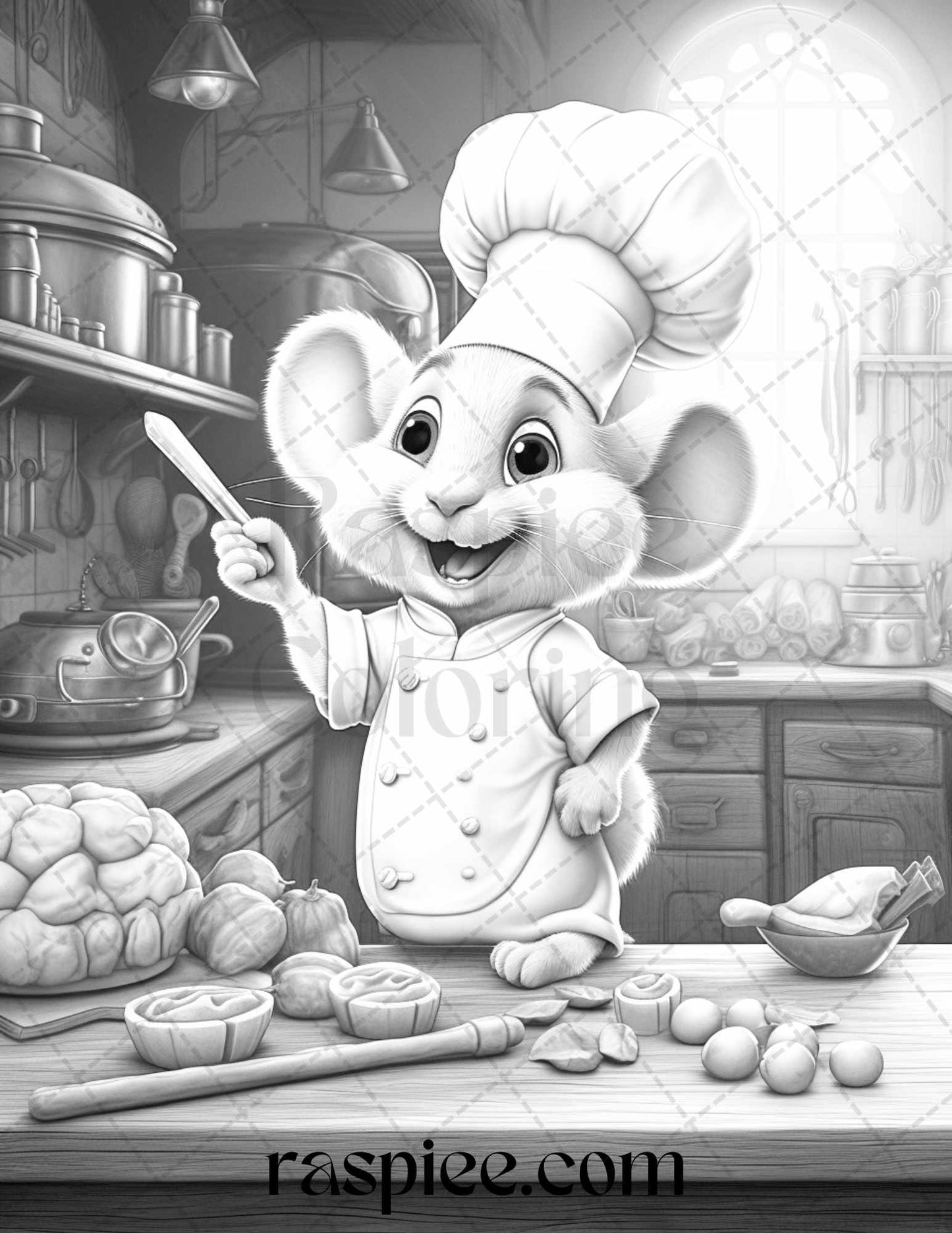 45 Mouse Chef Grayscale Coloring Pages Printable for Adults, PDF File Instant Download