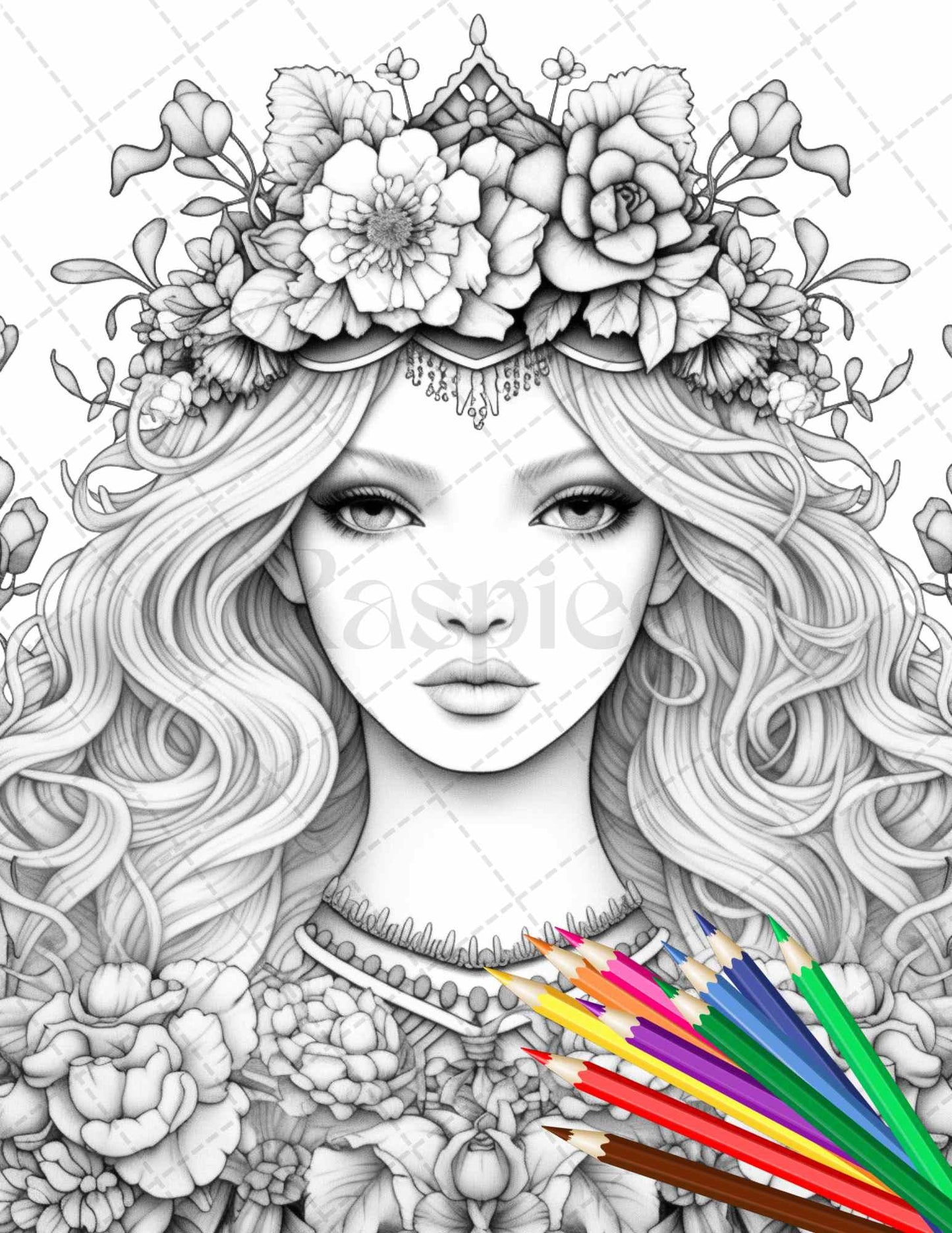 38 Flower Goddess Coloring Pages Printable for Adults, Grayscale Coloring Page, PDF File Instant Download