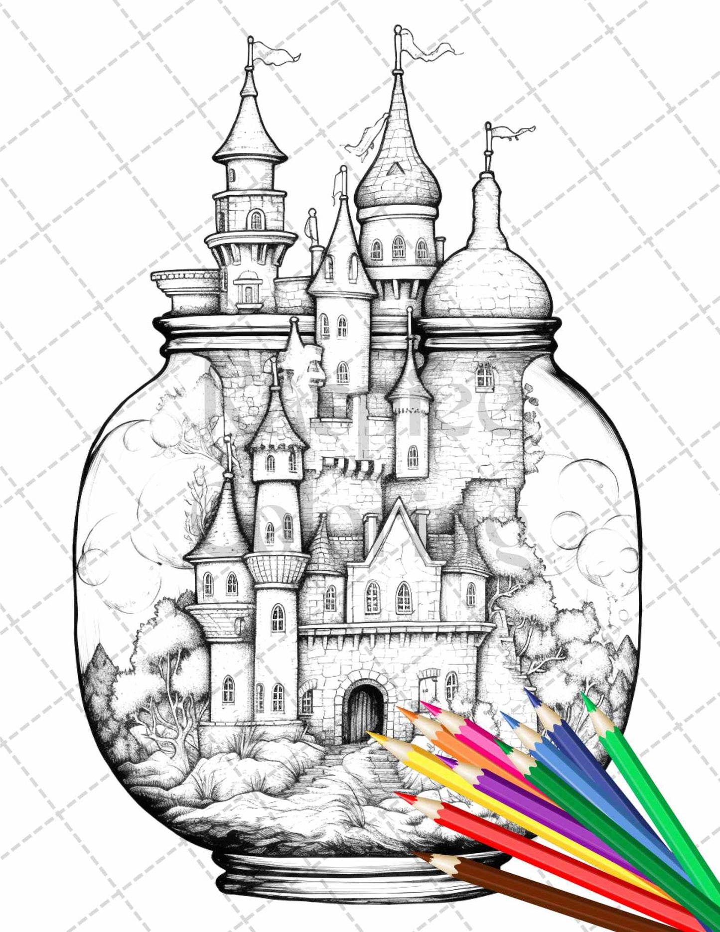 42 Fantasy Castle In Jar Grayscale Coloring Pages Printable for Adults, PDF File Instant Download