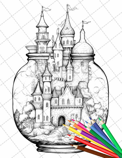 42 Fantasy Castle In Jar Grayscale Coloring Pages Printable for Adults, PDF File Instant Download