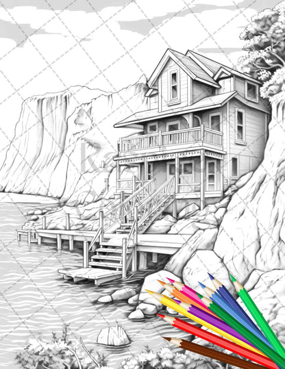 42 Wooden Beach Houses Grayscale Coloring Pages Printable for Adults, PDF File Instant Download