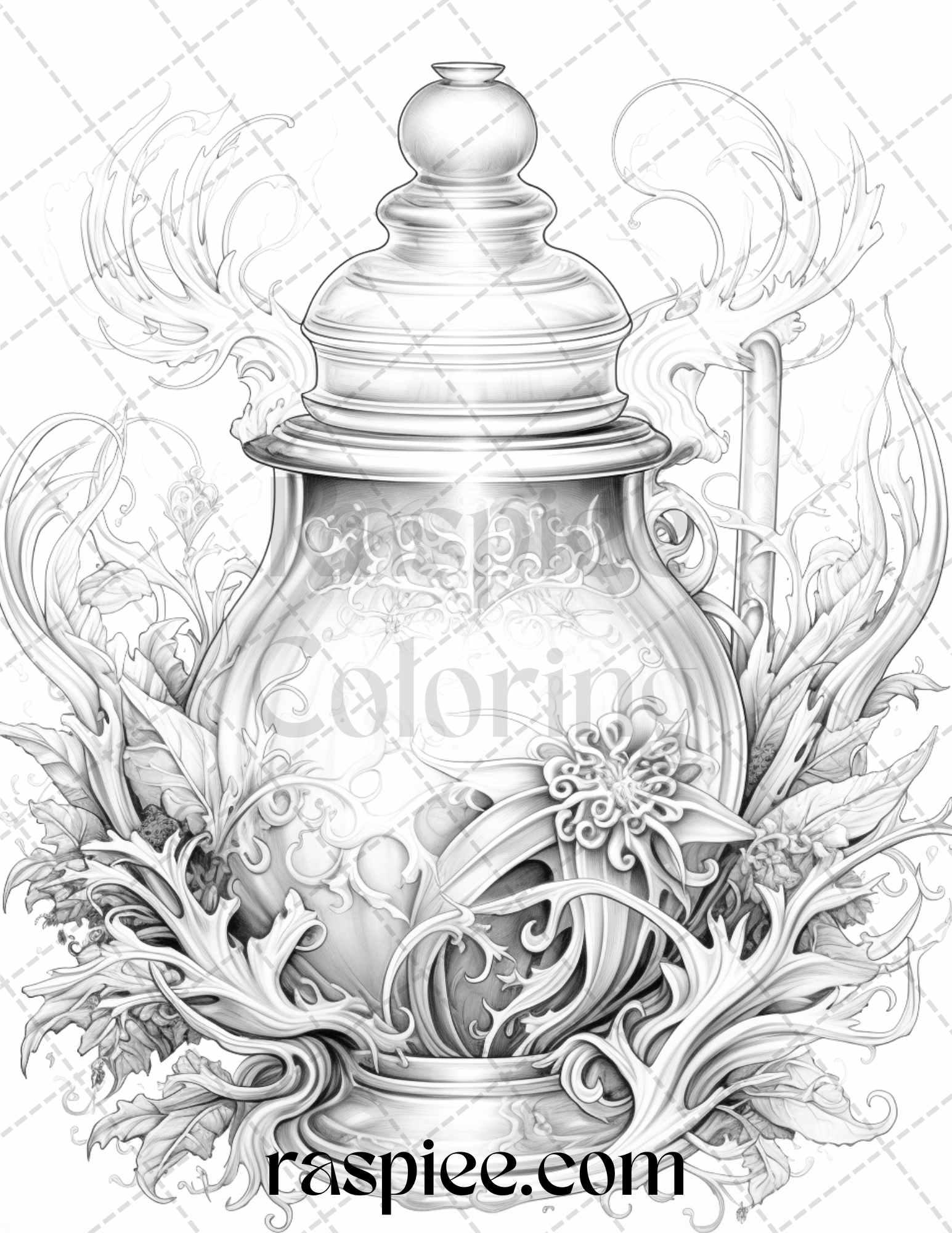 40 Mystical Magic Potions Grayscale Coloring Pages Printable for Adults, PDF File Instant Download