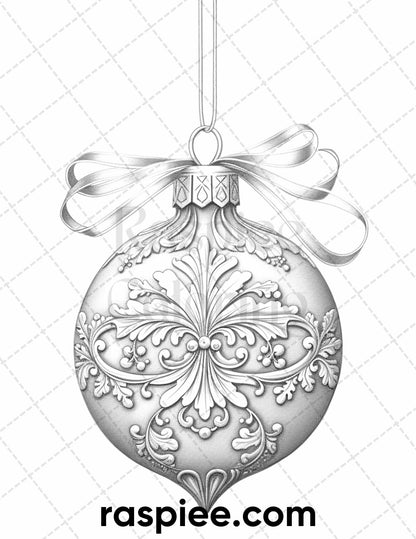 40 Christmas Balls Grayscale Coloring Pages Printable for Adults, PDF File Instant Download