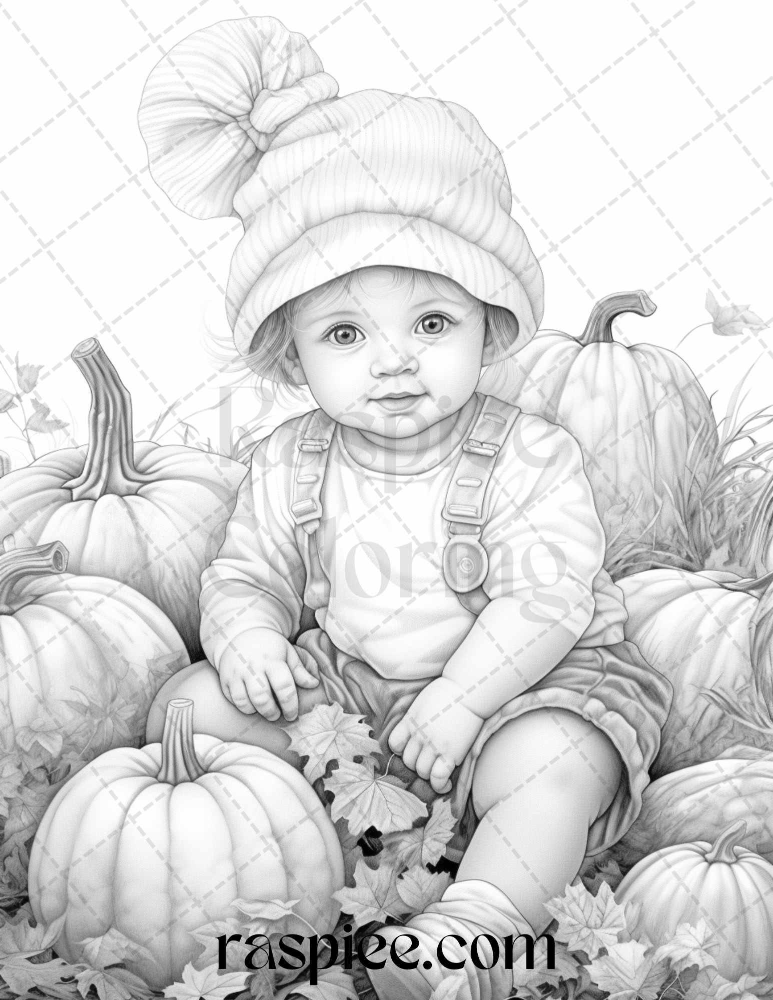 40 Pumpkin Babies Grayscale Coloring Pages for Adults and Kids, Printable PDF File Instant Download