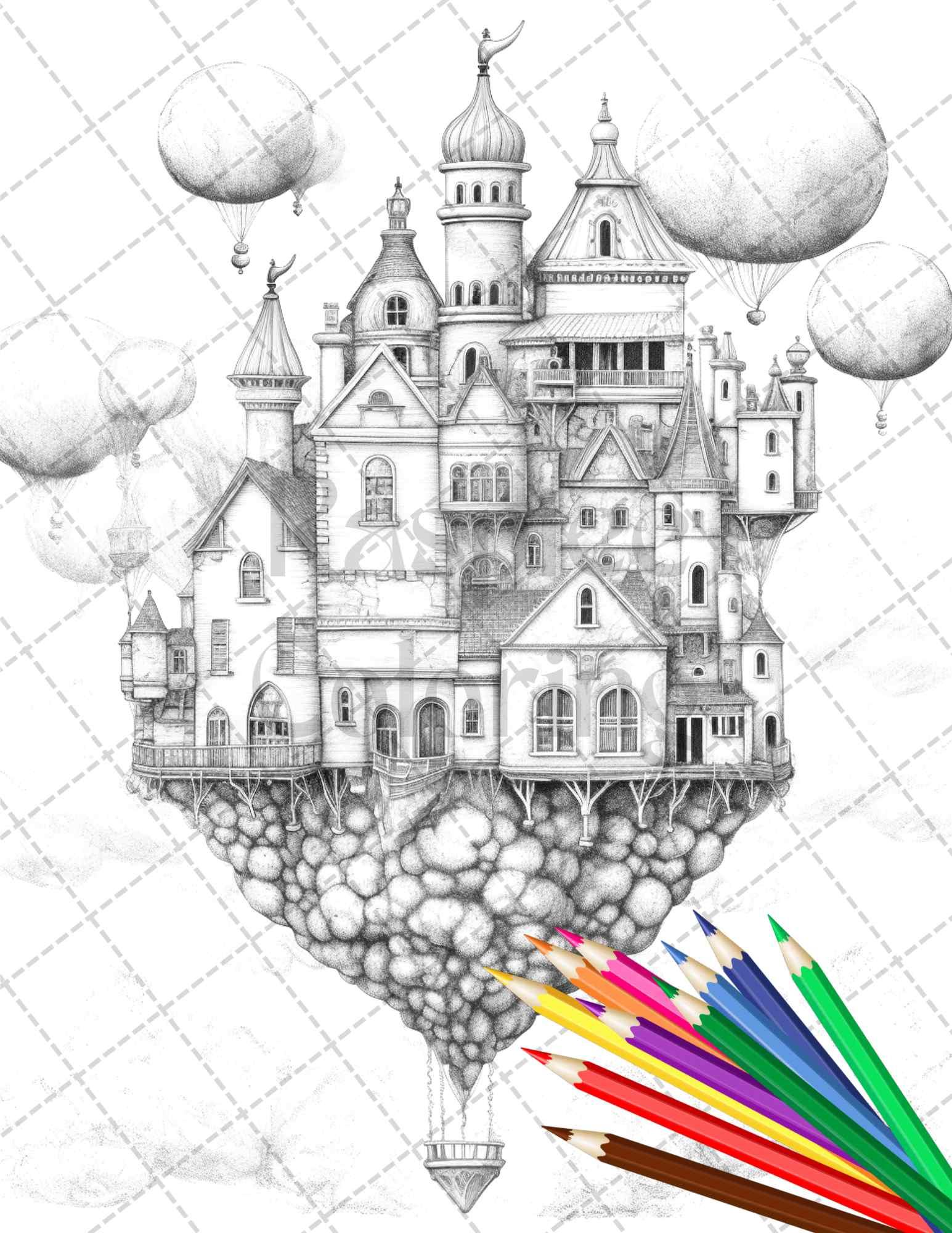 40 Fantasy Sky Houses Grayscale Coloring Pages Printable for Adults, PDF File Instant Download