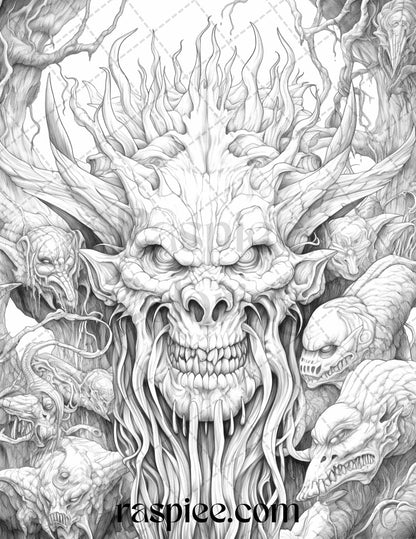 43 Fantasy Demons Grayscale Coloring Pages for Adults, Printable PDF File Instant Download