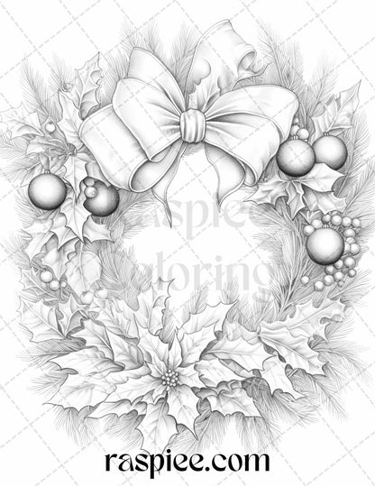 40 Christmas Wreath Grayscale Coloring Pages Printable for Adults, PDF File Instant Download