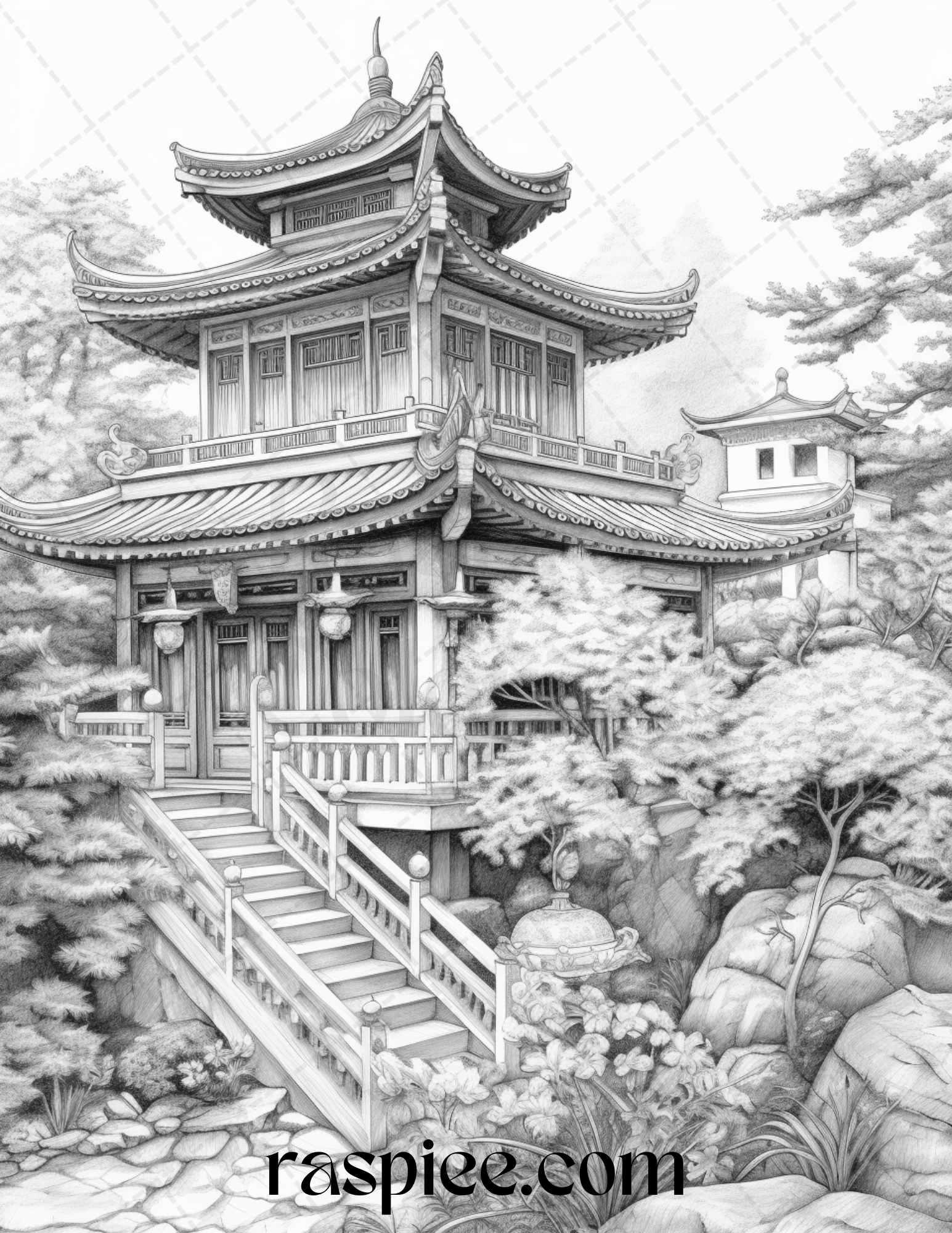 40 Traditional Chinese Houses Grayscale Coloring Pages Printable for Adults, PDF File Instant Download