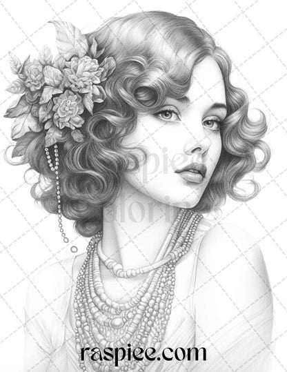 40 Beautiful Gatsby Girls Grayscale Coloring Pages Printable for Adults, PDF File Instant Download