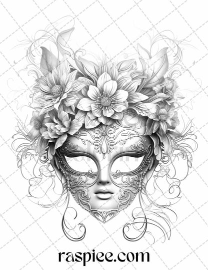 40 Masquerade Masks Grayscale Coloring Pages Printable for Adults, PDF File Instant Download