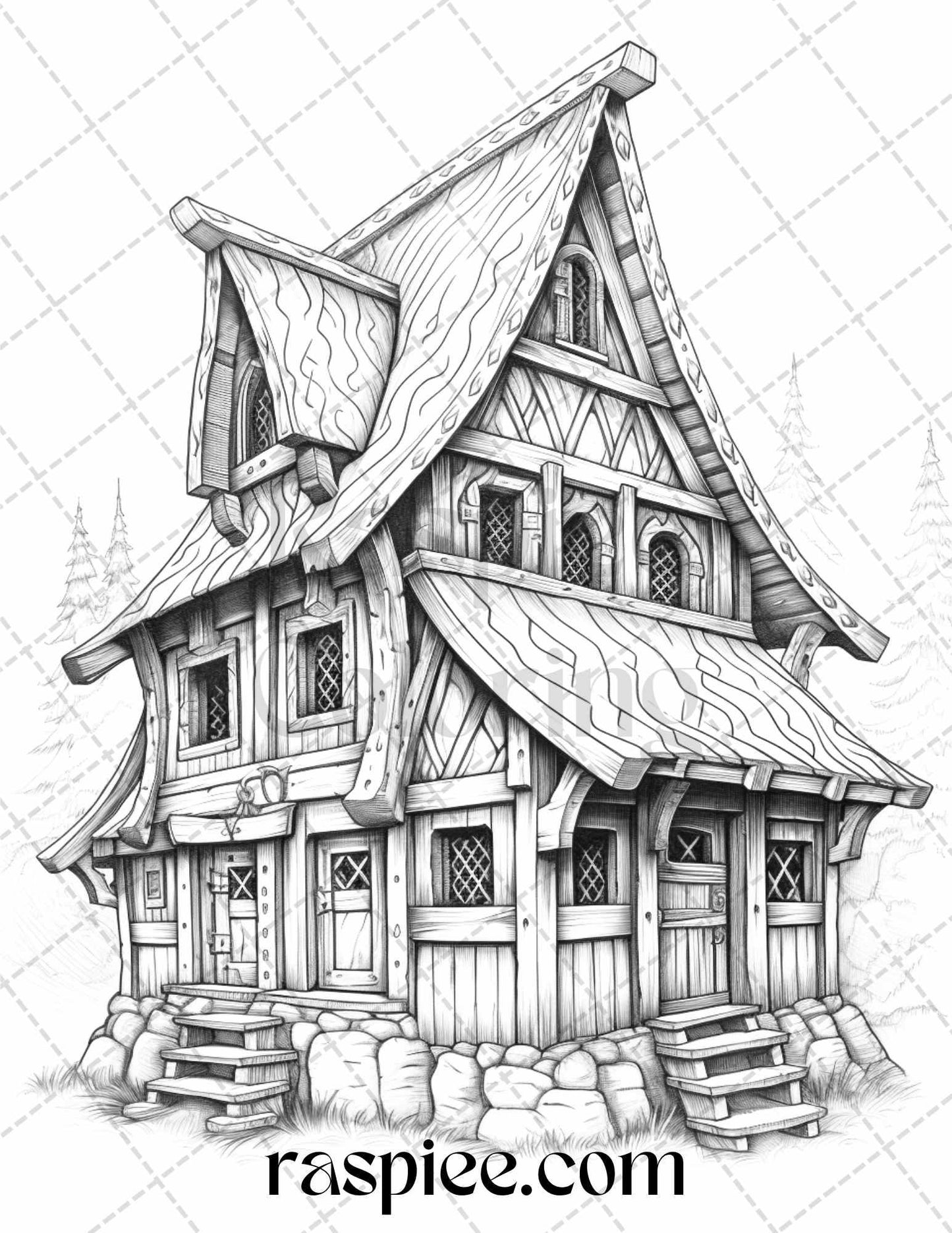 40 Viking Houses Grayscale Coloring Pages Printable for Adults, PDF File Instant Download