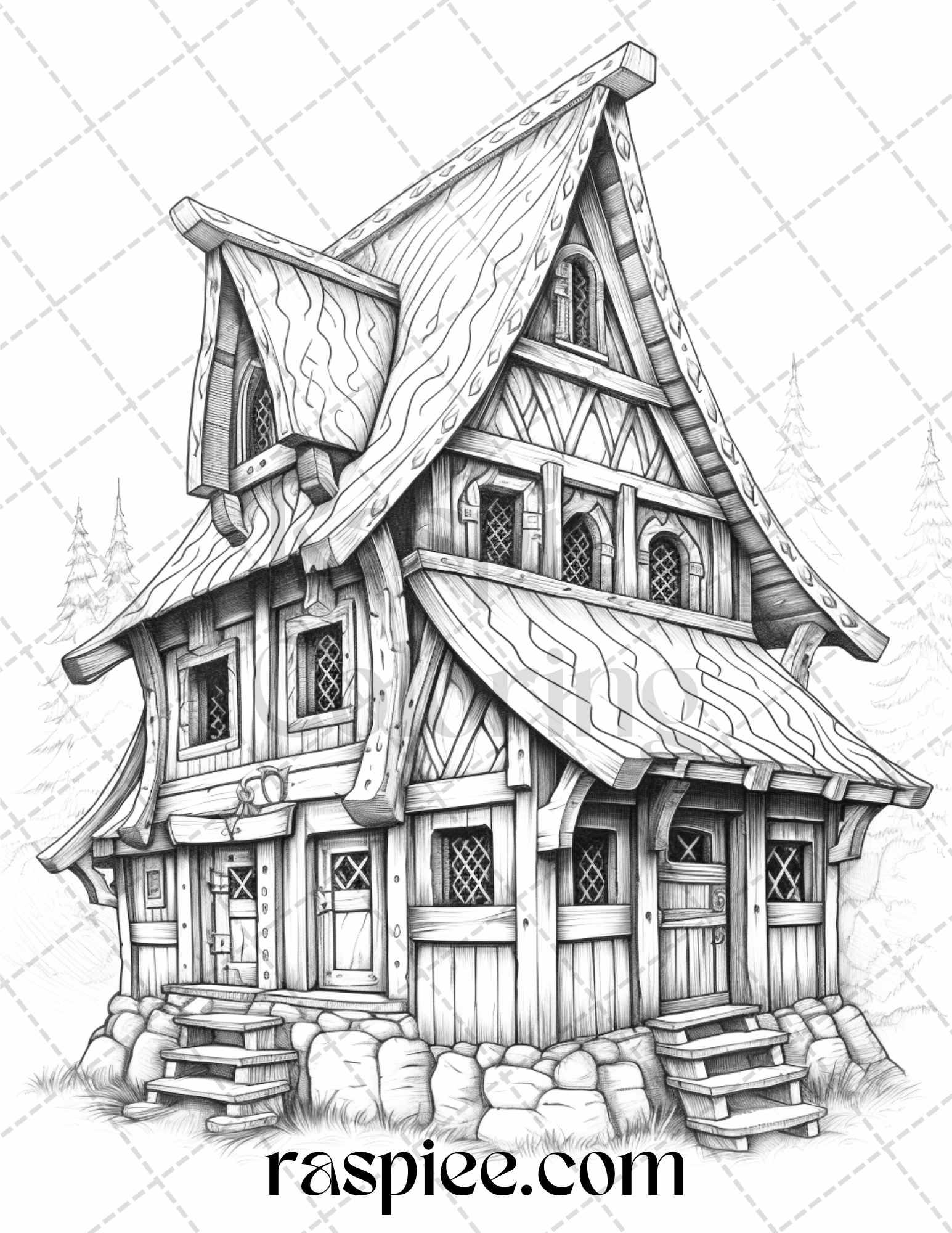 40 Viking Houses Grayscale Coloring Pages Printable for Adults, PDF File Instant Download