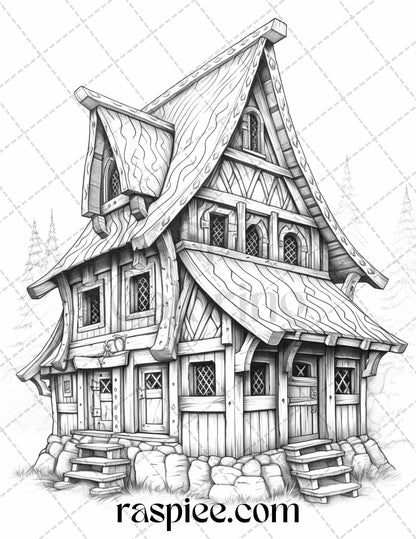 40 Viking Houses Grayscale Coloring Pages Printable for Adults, PDF File Instant Download