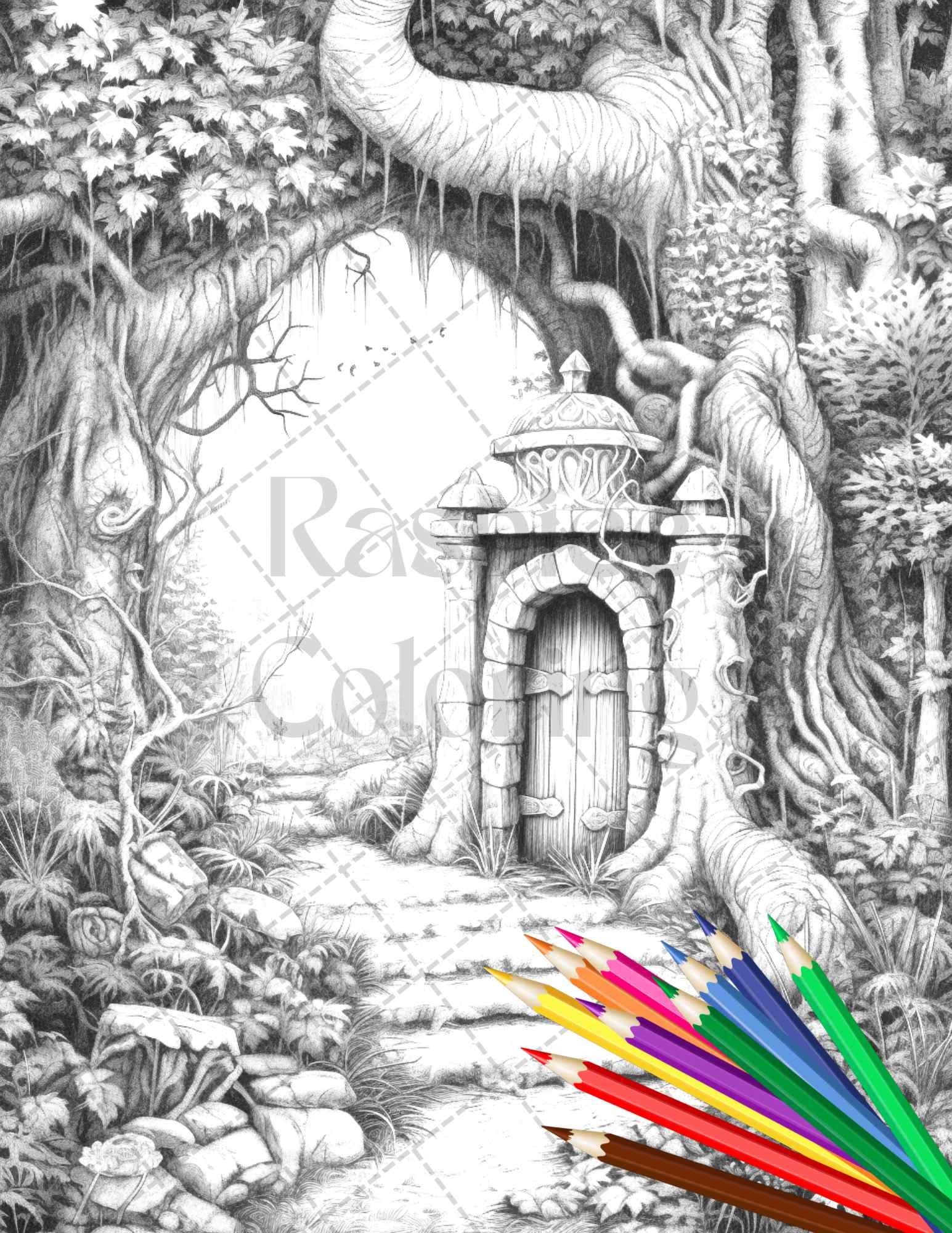 40 Magical Forest Gates Grayscale Coloring Pages Printable for Adults, PDF File Instant Download