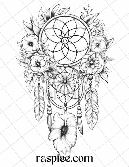 30 Flower Dreamcatcher Grayscale Coloring Pages Printable for Adults, PDF File Instant Download