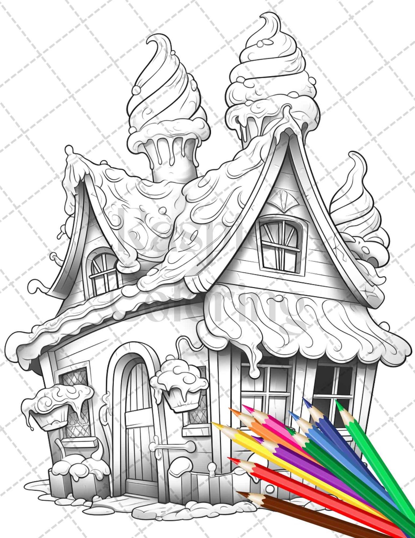 33 Ice Cream Houses Grayscale Coloring Pages Printable for Adults and Kids, PDF File Instant Download