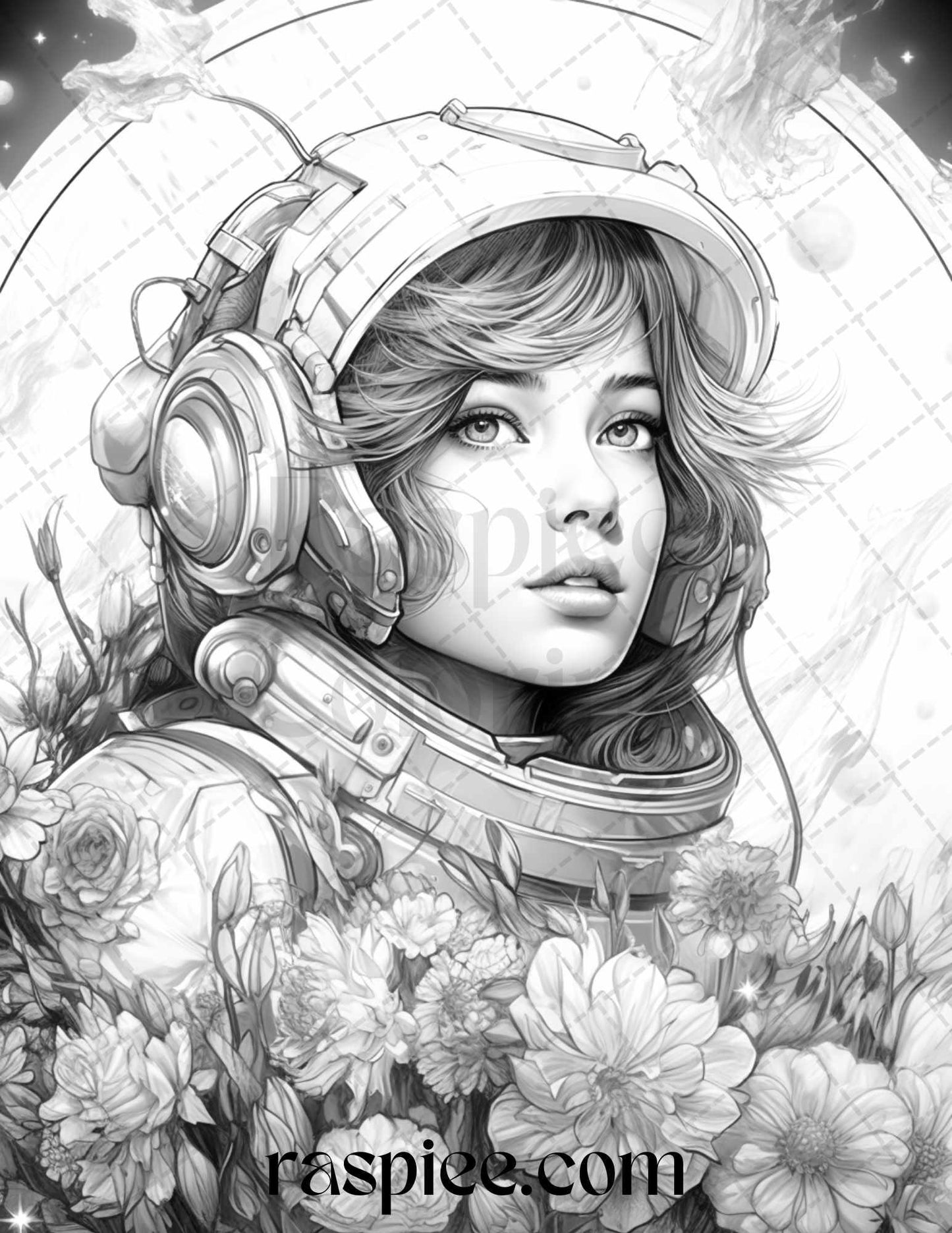 50 Astronaut Girl Portrait Grayscale Coloring Pages Printable for Adults, PDF File Instant Download